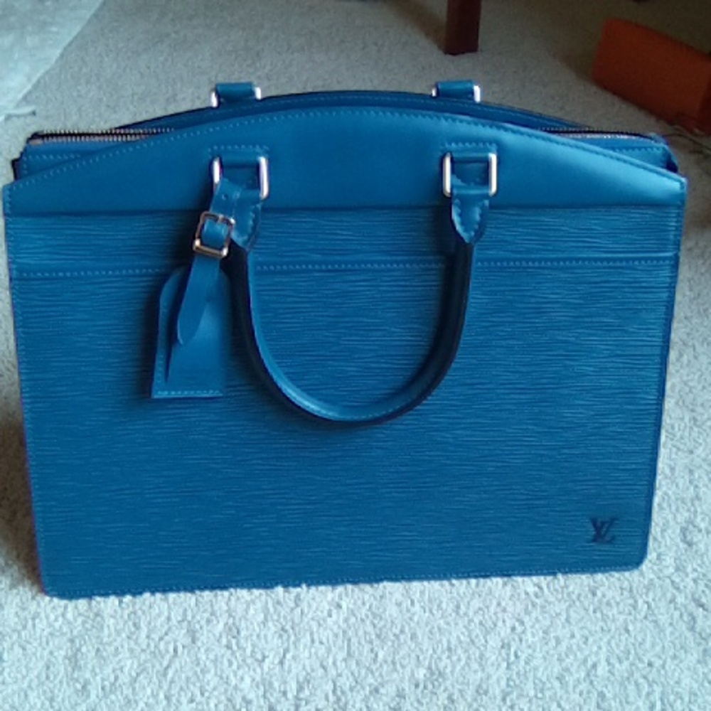 Louis Vuitton Blue Laptop Bag with Textured Leather and Structured Design